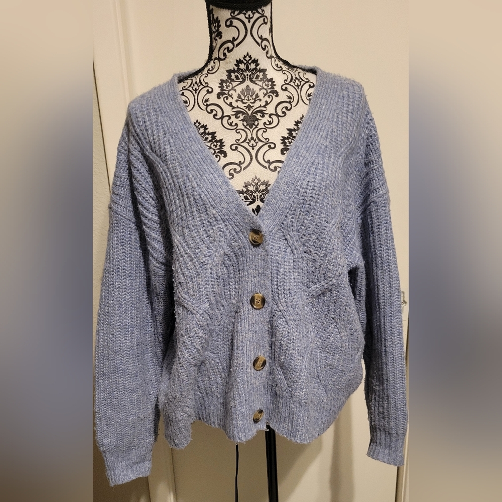 Style & Co. Cardigan Sweater Light Blue Cable Knit V-neck Soft Fuzzy Sz Large‎